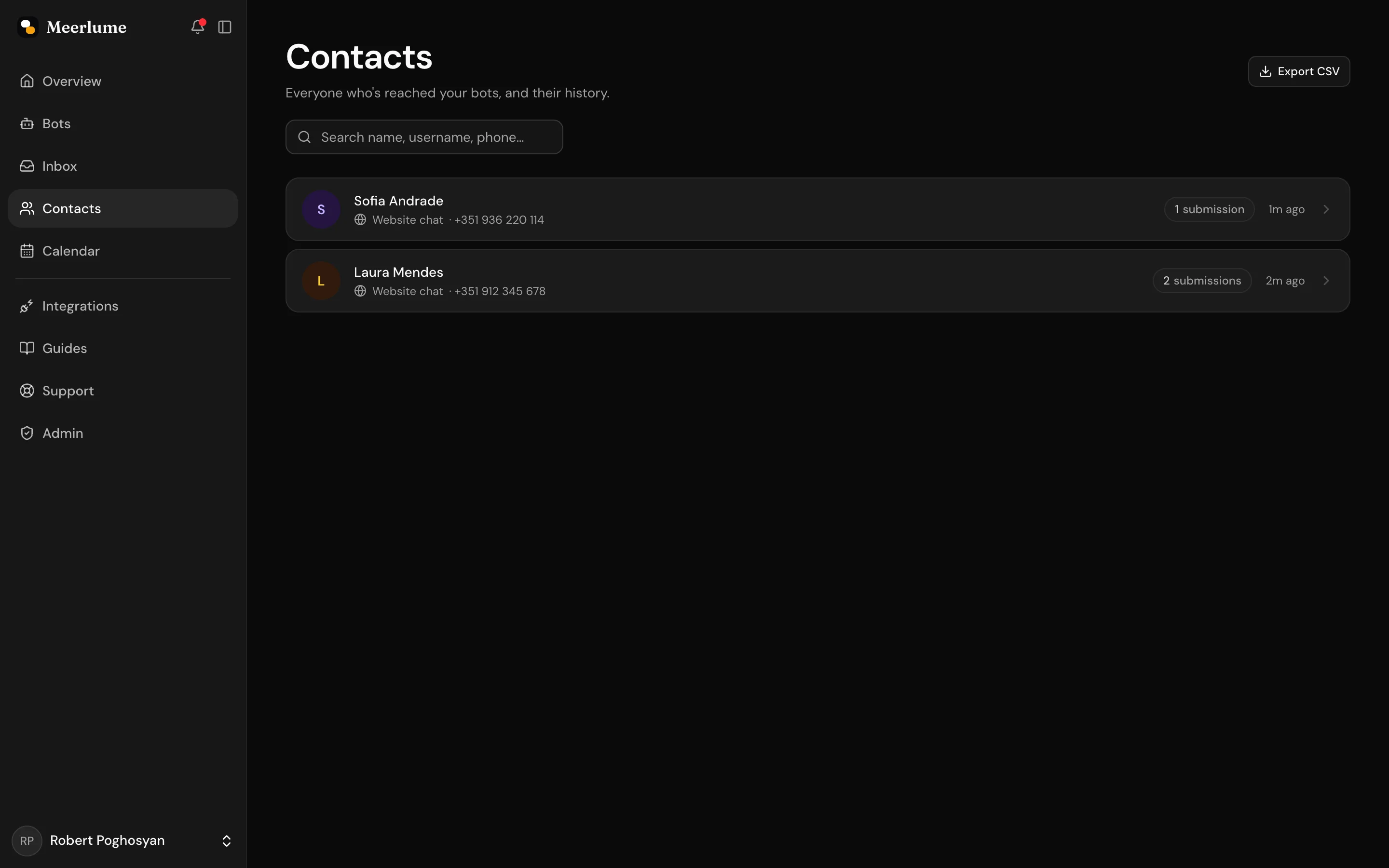 The contacts list with search and per-contact submission counts