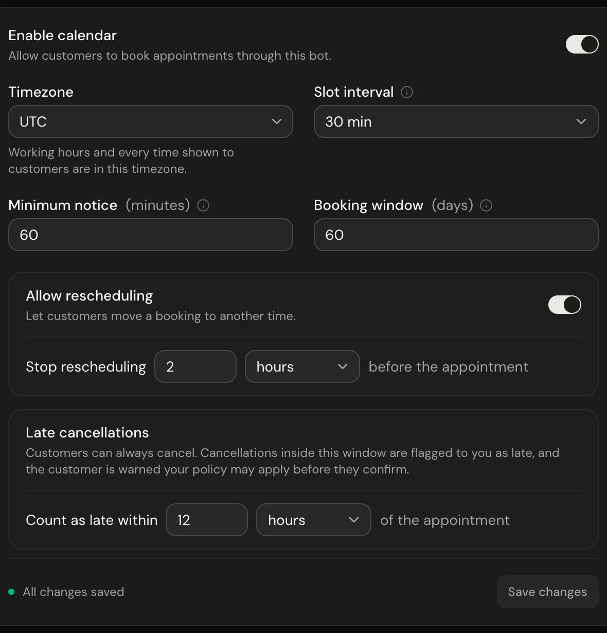 The General tab with the calendar enabled and core settings configured