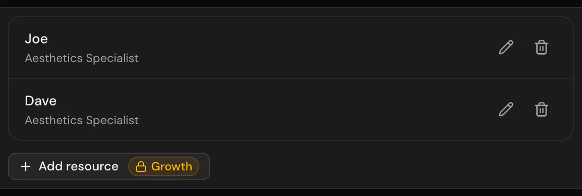 The Resources tab listing bookable resources