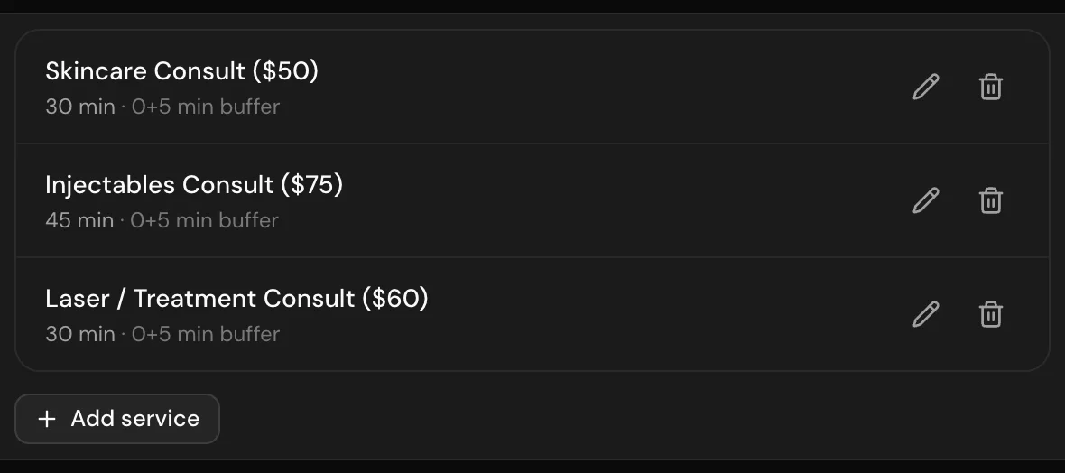 The Services tab with the service editor open