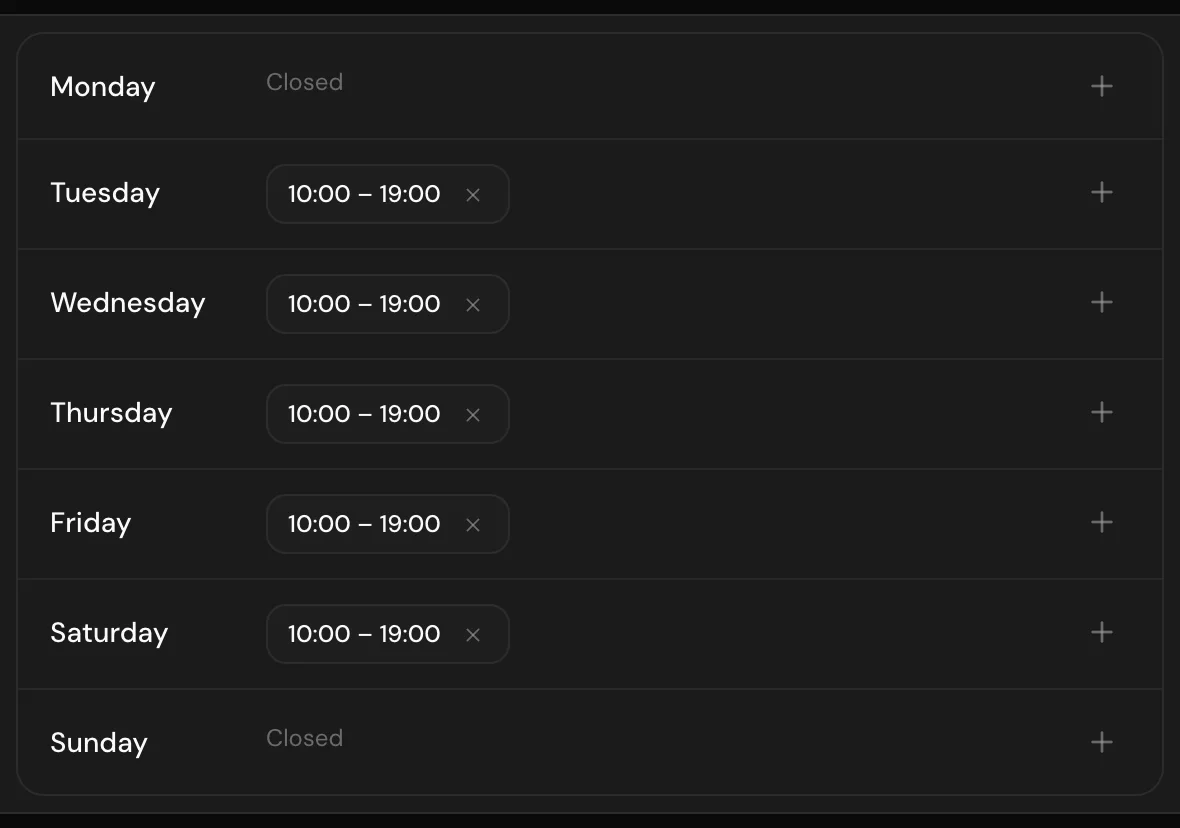 The Weekly hours tab with time ranges added for each day