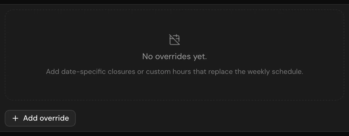 The Overrides tab with a date-specific override entry