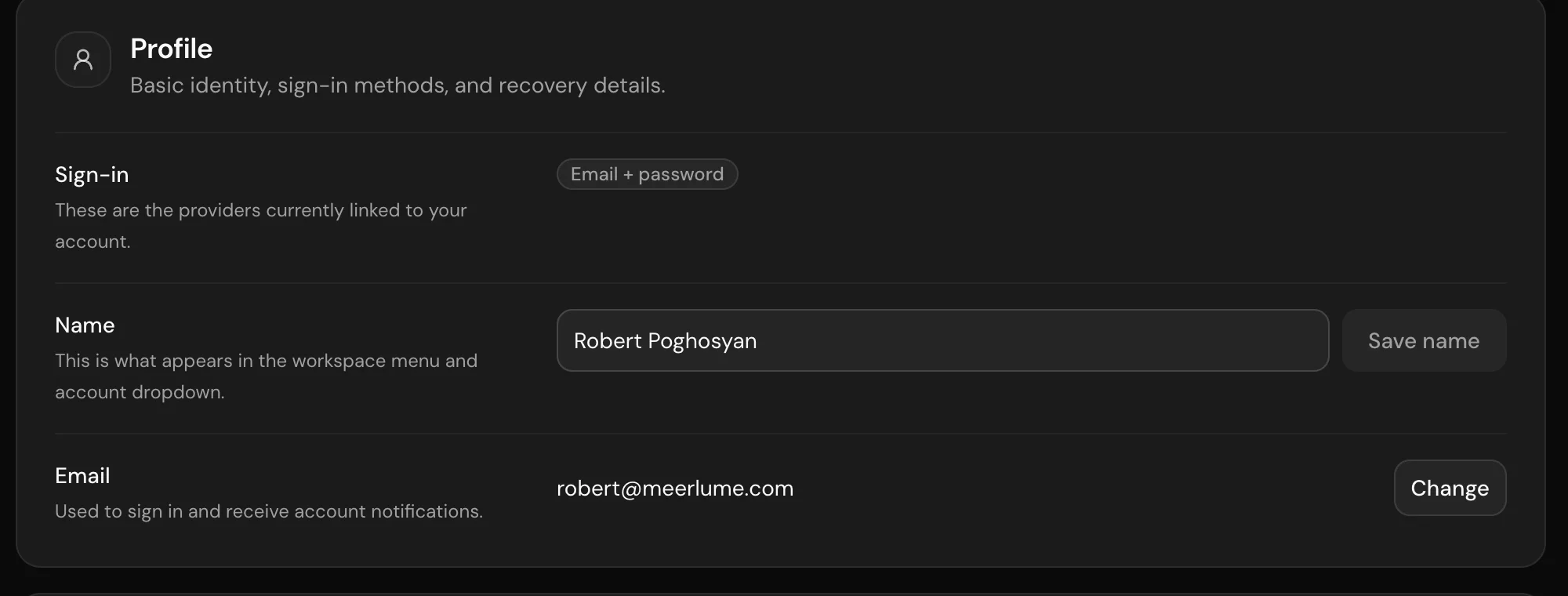 The Profile tab showing linked sign-in providers, name, and email