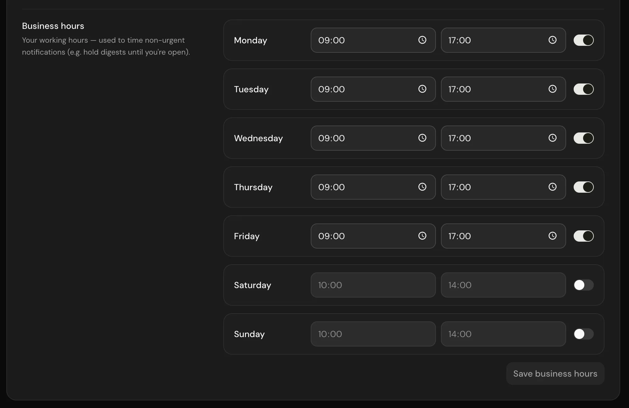 The Business hours tab with weekday toggles and time range inputs